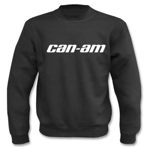 Könnte beinhalten: Schwarzer Pullover mit einem weißen "can-am"-Logo auf der Vorderseite.