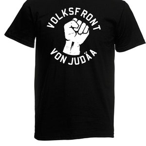 May include: Black t-shirt with a white graphic of a fist and the text "VOLKSFRONT VON JUDÄA"