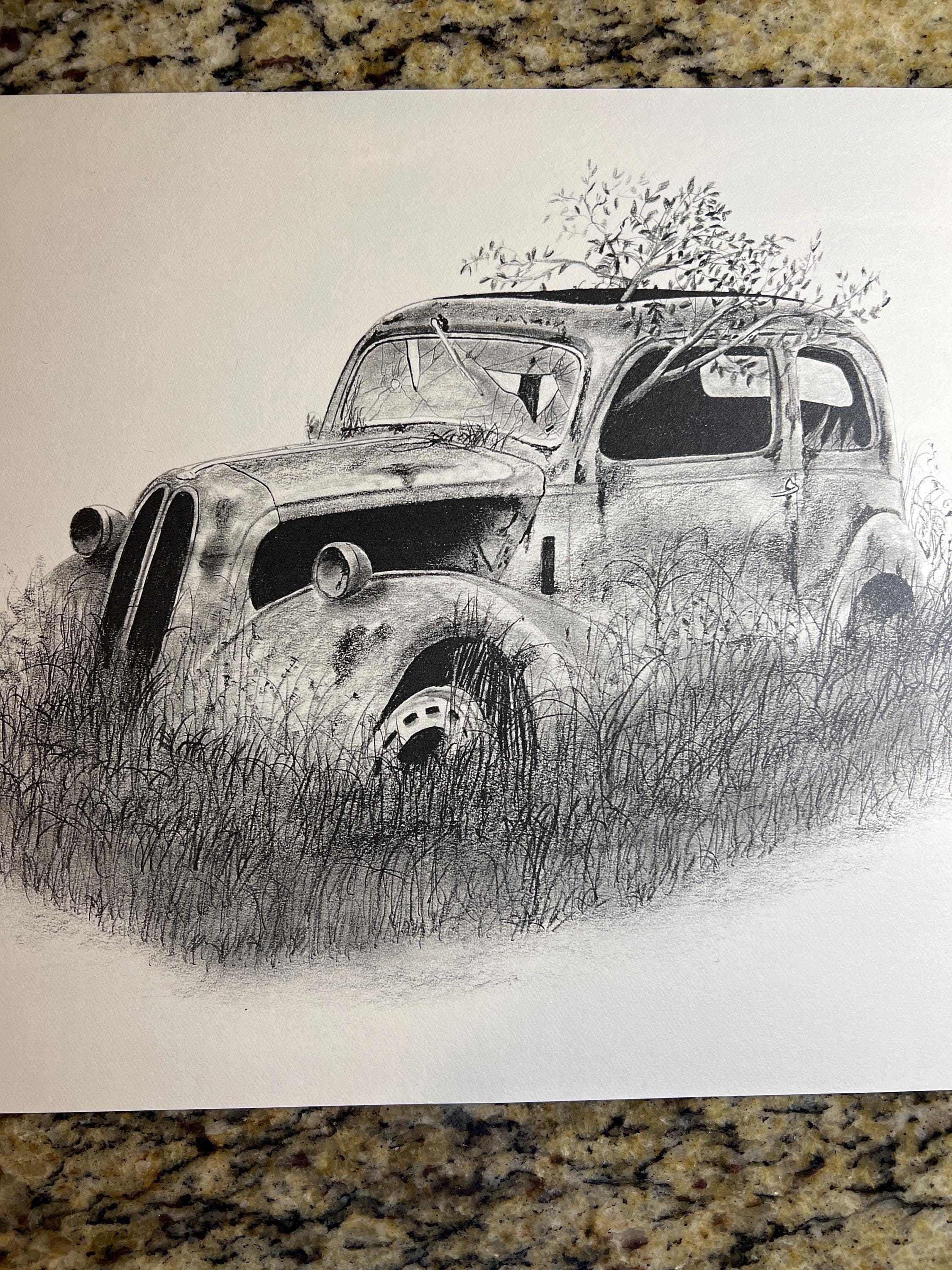 Ian E. Jones Signed Sketch – Tree Growing Through a Hotrod (167