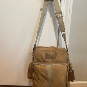 1970's Medium Brown Vinyl and Beige Canvas 'American Tourister' Carry on Bag / Overnight Bag