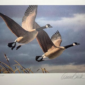 May include: A framed print of two Canadian geese in flight against a cloudy sky. The print is signed by the artist, Carroll Smith, and numbered 5432/10,000.