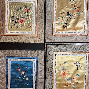 Set of 4 Vintage Chinese Silk Embroidered Panels - Birds & Floral Design