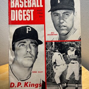 May include: A vintage August 1966 issue of Baseball Digest magazine featuring Pittsburgh Pirates players Bill Mazeroski and Gene Alley. The cover features a red and white title with the text "BASEBALL DIGEST" and "D.P. Kings! See page 5".