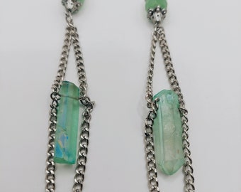 Green Glass Crystal Chain Earrings