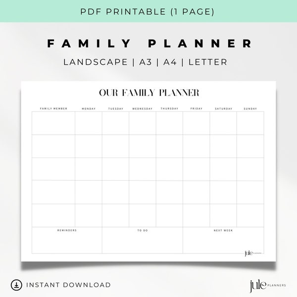 Weekly Family Planner Printable | Digital | Landscape | A3 | A4 | Letter