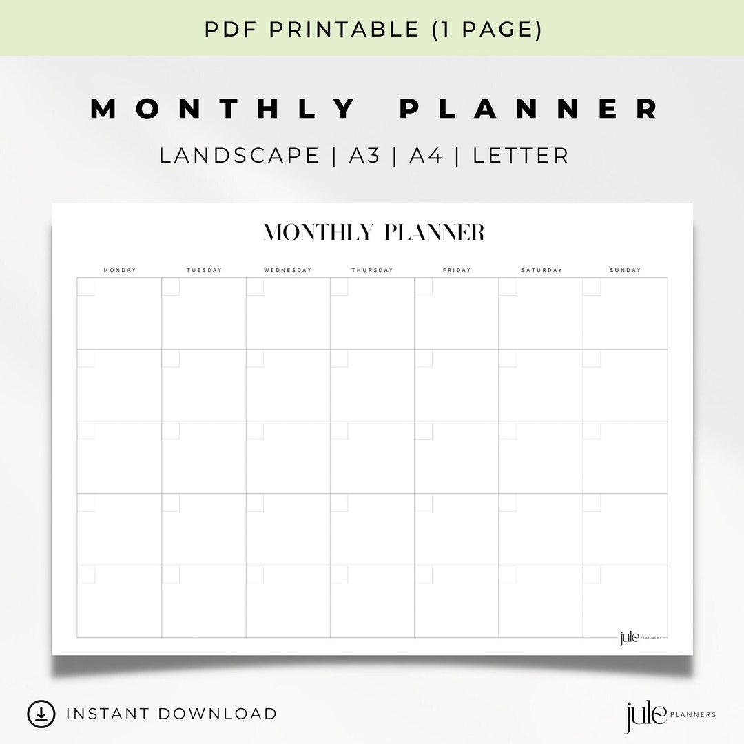 Monthly Planner Printable | Digital | Undated | Landscape | A3 | A4