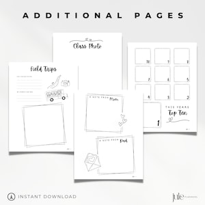 May include: Printable pages for a school yearbook or memory book. The pages include sections for a class photo, field trips, a note from mom, a note from dad, and a top ten list.