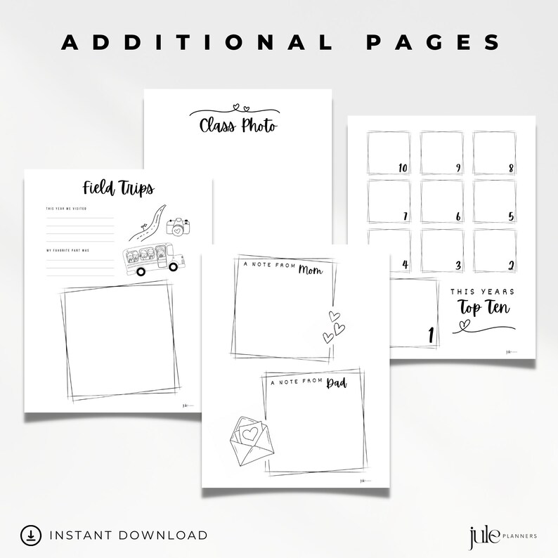 May include: Printable pages for a school yearbook or memory book. The pages include sections for a class photo, field trips, a note from mom, a note from dad, and a top ten list.