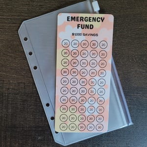 May include: A pink and yellow printable tracker card with the text "Emergency Fund $1000 Savings". The card has 50 circles with the number 20 in each circle.