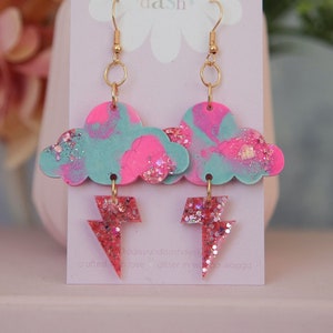 cloud & lightning bolt cute dangle earrings, pink and blue, glitter, handmade earrings, unique earrings, statement earrings, gifts for women