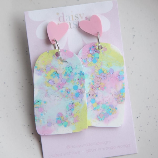 gorgeous pastel arch shaped dangly statement earrings, festival and party earrings, unique and handmade earrings love heart earrings