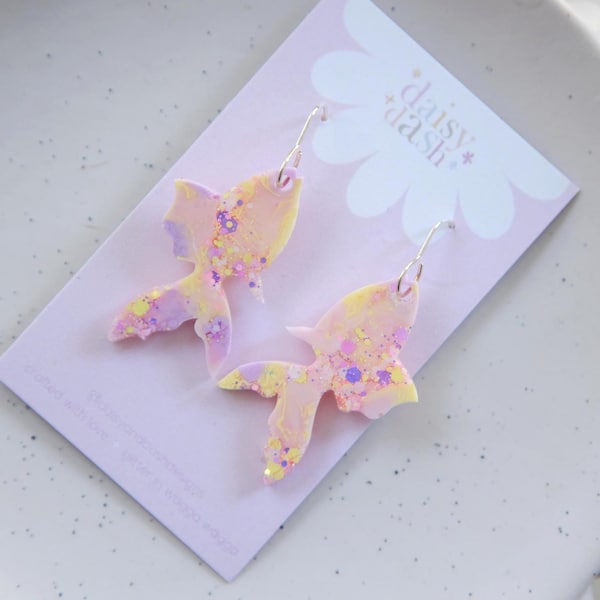 gorgeous sparkly pastel fish glitter handmade unique statement dangle earrings great for a party festival concert gift for girls goldfish