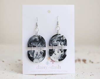 Black and white resin dangly statement earrings, funky earrings, handmade earrings, gift for her, birthday gift, black and white earrings