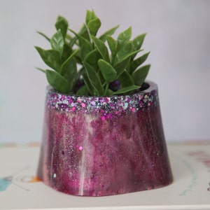 May include: A small, decorative planter with a vibrant magenta and white marbled design, accented with glitter around the rim. The planter holds a small, green artificial plant, creating a colorful and eye-catching display.
