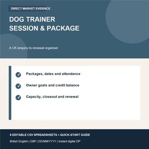 Kalkylblad för hundträningsföretag i Storbritannien | Sessionspaket, klientframsteg och kapacitet (digitalt postnummer)