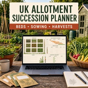 May include: A laptop displaying a UK Allotment Succession Planner with sections for bed maps, sowing, seed stock, and harvest tracking. The screen shows text headers and grid layouts. Beside the laptop are seed packets and a notebook with a pen.