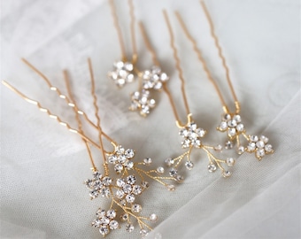 Bridal Crystal Flower Hair Pins 5pcs, Dainty Wedding Floral Gold Hair Pins, Bridal Bridesmaid Hair Accessories, Silver Wedding Hair Piece