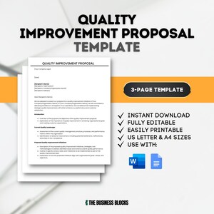 Puede incluir: Una plantilla de propuesta de mejora de la calidad de 3 páginas en formato de documento de Word. La plantilla es totalmente editable e imprimible en tamaños de carta de EE. UU. y A4. La plantilla incluye secciones para la introducción, el panorama actual de la calidad y las iniciativas de calidad propuestas.