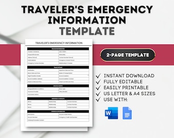 Traveler&#39;s Emergency Information Template Travel Safety Emergency Contact List for Travelers Travel Preparedness Guide Trip Emergency Info