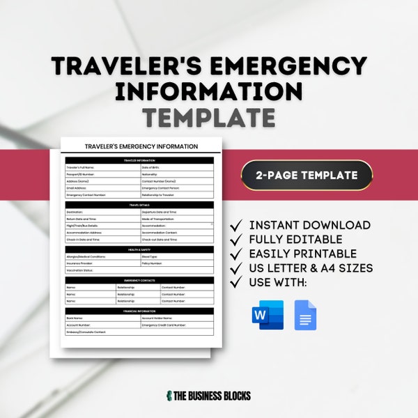 Traveler's Emergency Information Template Travel Safety Emergency Contact List for Travelers Travel Preparedness Guide Trip Emergency Info