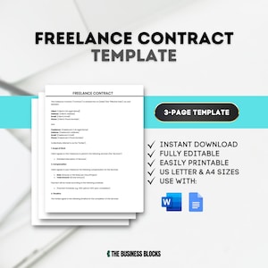 Könnte beinhalten: Eine blaue und weiße Grafik mit dem Text "FREELANCE CONTRACT TEMPLATE" in großer, fetter Schrift. Die Grafik enthält auch ein kleineres, weißes Feld mit dem Text "3-PAGE TEMPLATE" in blauer Schrift. Unter dem Text befinden sich Häkchen neben den Wörtern "INSTANT DOWNLOAD", "FULLY EDITABLE", "EASILY PRINTABLE", "US LETTER & A4 SIZES" und "USE WITH:". Unter den Häkchen befinden sich zwei Symbole: ein Microsoft Word-Symbol und ein Google Docs-Symbol.