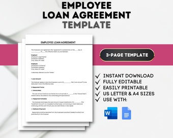 Plantilla de contrato de préstamo para empleados: Contrato de préstamo editable (descarga digital)