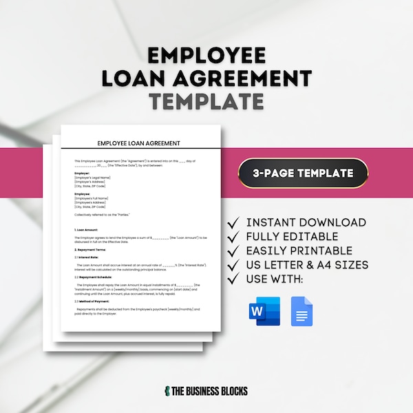 Employee Loan Agreement Template Loan Contract Borrowing Lending Promise to Pay Loan Document Editable Template Promissory Note Payment Form