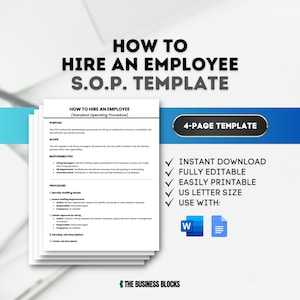 Puede incluir: Una plantilla para un procedimiento operativo estándar (POS) sobre cómo contratar a un empleado. El documento es una plantilla de cuatro páginas e incluye secciones para el propósito, el alcance, las responsabilidades y el procedimiento. El documento está disponible para descarga instantánea y es totalmente editable e imprimible. La plantilla se puede utilizar con Microsoft Word o Google Docs.