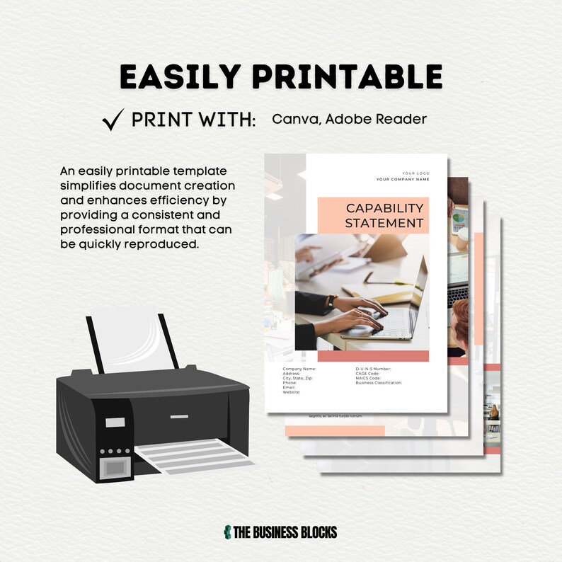 May include: A printable template for a capability statement. The template is designed to be easily printed using Canva or Adobe Reader. The template features a simple design with a pink header and a white background. The text "Capability Statement" is displayed in a bold font.