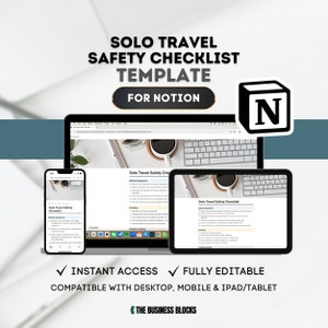 May include: A mockup of a laptop, tablet, and smartphone displaying a Notion template for a solo travel safety checklist. The template includes sections for before departure, packing, and health and safety. The text "Solo Travel Safety Checklist" is visible on the screens. The image includes the Notion logo in the upper right corner.