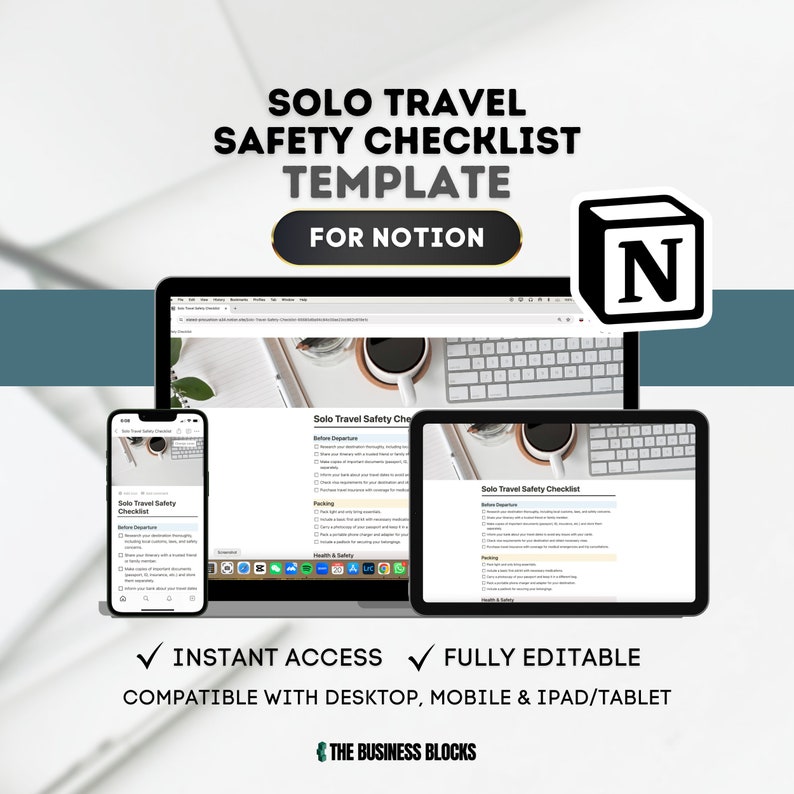 May include: A mockup of a laptop, tablet, and smartphone displaying a Notion template for a solo travel safety checklist. The template includes sections for before departure, packing, and health and safety. The text "Solo Travel Safety Checklist" is visible on the screens. The image includes the Notion logo in the upper right corner.
