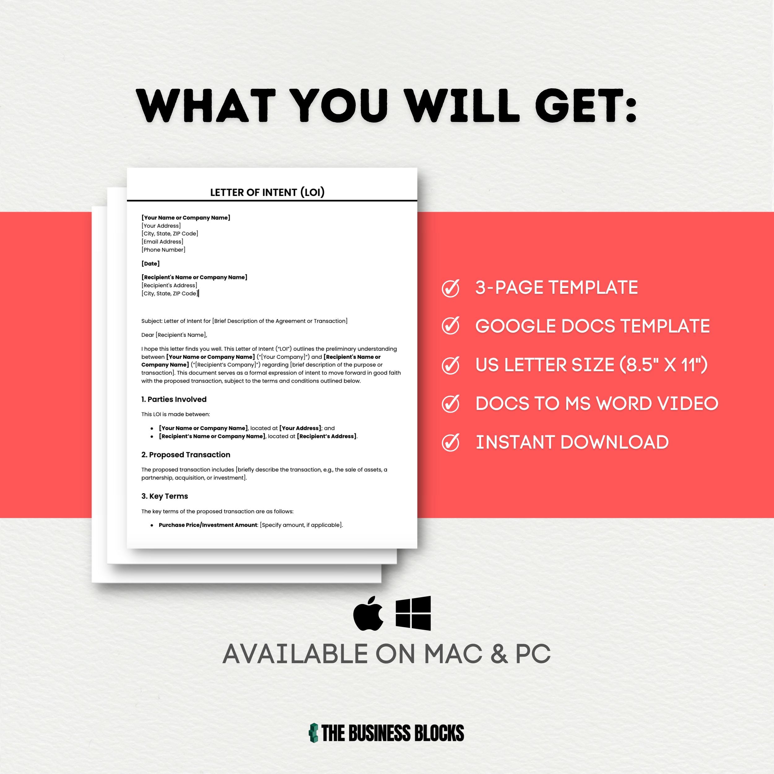 Letter of Intent Template: Professional LOI Format (digital Download ...