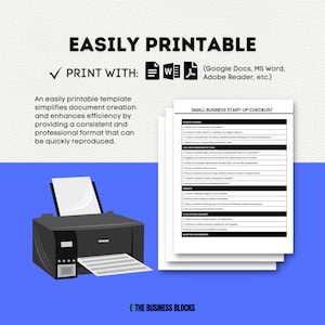 May include: A printable checklist for starting a small business. The checklist is divided into sections, including business planning, legal and administrative tasks, finances, location and equipment, and marketing and branding. The checklist is on a blue background with a printer icon in the corner.