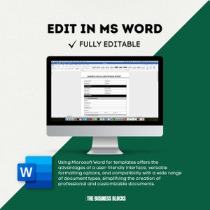 Może przedstawiać: Ekran komputera wyświetlający dokument Microsoft Word z szablonem raportu podr&oacute;ży służbowej i wydatk&oacute;w. Tekst "EDIT IN MS WORD" i "FULLY EDITABLE" jest wyświetlany nad ekranem. Tekst "THE BUSINESS BLOCKS" jest wyświetlany pod ekranem.
