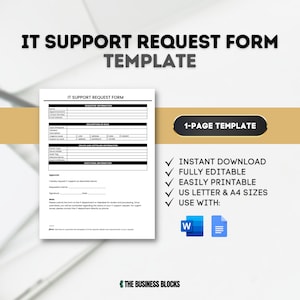 Pode incluir: Um modelo de formulário de solicitação de suporte de TI em preto e branco com uma lista de verificação de recursos: Download instantâneo, totalmente editável, fácil de imprimir, tamanhos de carta dos EUA e A4, usar com: Word e Google Docs. O modelo é projetado para solicitar suporte de TI e inclui seções para as informações do solicitante, a descrição do problema, as informações do dispositivo e do software e informações adicionais.
