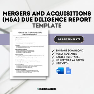 May include: A white and blue template for a mergers and acquisitions (M&A) due diligence report. The template is a two-page document and includes sections for executive summary, legal and regulatory due diligence, financial due diligence, operational due diligence, commercial due diligence, human resources due diligence, and recommendations. The template is available for instant download and is fully editable and printable. The template is compatible with Microsoft Word and Google Docs.