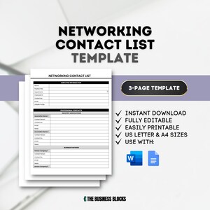 May include: A black and white printable template for a networking contact list. The template is divided into three sections: Employee Information, Professional Contacts, and Business Partners. The template is available in US Letter and A4 sizes and can be edited in Microsoft Word or Google Docs. The text on the template reads "Networking Contact List Template" and "3-Page Template".
