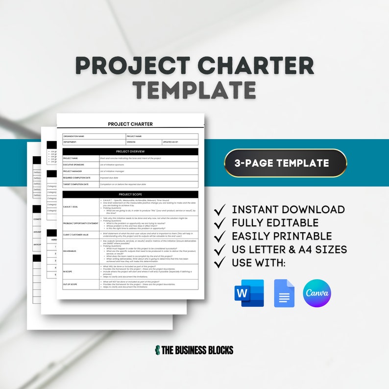 Project Charter Template Project Scope Check List Project Planner Printable Project Checklist Project Status Report Project Plan Template image 1
