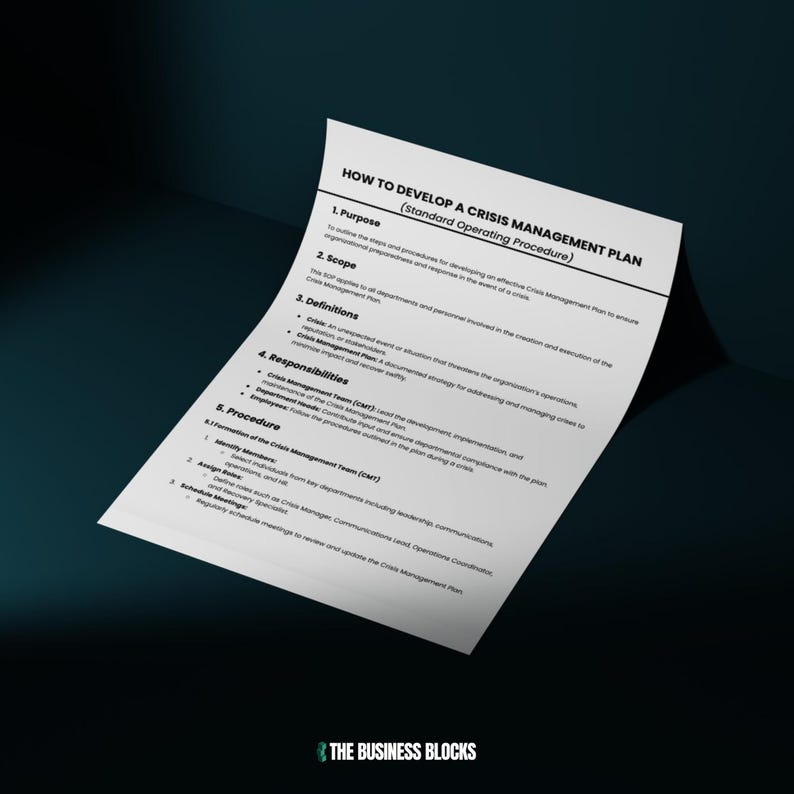May include: A black and white document with the title "How to Develop a Crisis Management Plan (Standard Operating Procedure)". The document outlines the steps involved in creating a crisis management plan, including purpose, scope, definitions, responsibilities, and procedures.
