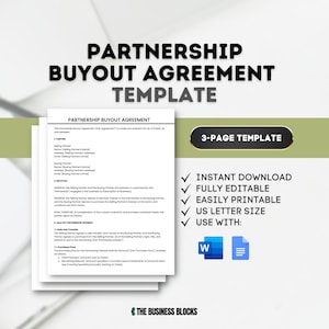 Könnte beinhalten: Eine Vorlage für eine Partnerschaftsvereinbarung mit dem Text "Partnership Buyout Agreement Template". Das Dokument ist eine 3-seitige Vorlage, sofort herunterladbar, vollständig editierbar und einfach im US-Letter-Format druckbar. Für die Verwendung mit Microsoft Word und Google Docs.