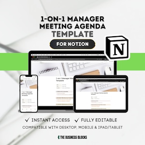 Könnte beinhalten: Ein Screenshot eines Laptops, Tablets und Telefons, auf dem eine Notion-Vorlage für eine 1:1-Manager-Meeting-Agenda angezeigt wird. Die Vorlage enthält Abschnitte für das Einchecken, die Überprüfung früherer Aktionen und die Diskussion aktueller Projekte. Der Text "1-on-1 Manager Meeting Agenda Template for Notion" wird oben im Bild angezeigt.