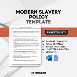 May include: A blue and white document with the title "Modern Slavery Policy Template" and the text "2-Page Template". The document is a template for a modern slavery policy that can be used by businesses. The document includes information on how to identify and prevent modern slavery in the workplace.