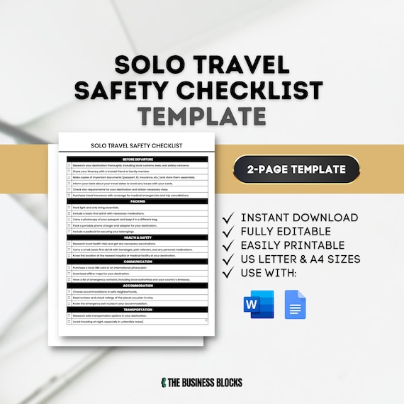 Solo Travel Safety Checklist Template: Editable Travel Tips (Digital Download)