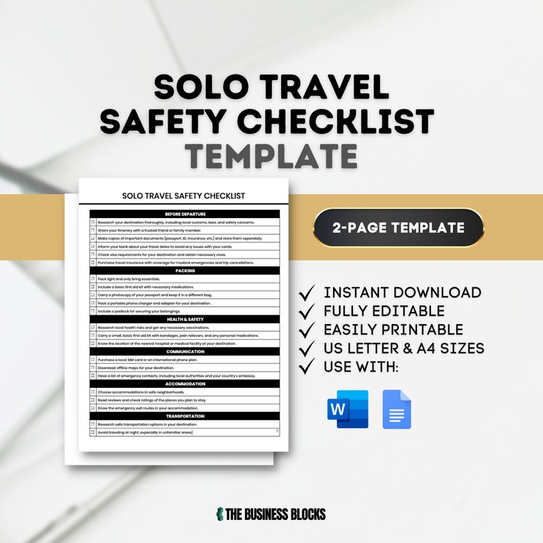 Solo Travel Safety Checklist Template: Editable Travel Tips (Digital Download) image 1