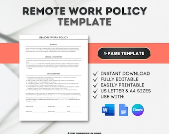 Remote Work Policy Template: Editable WFH Contract (Canva, Google Docs, MS Word)