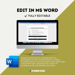 May include: A computer screen displaying a Microsoft Word document with a standard operating procedure template. The template is fully editable and includes sections for title, purpose, procedure, approvals, and review date. The text "EDIT IN MS WORD" and "FULLY EDITABLE" are displayed above the document.