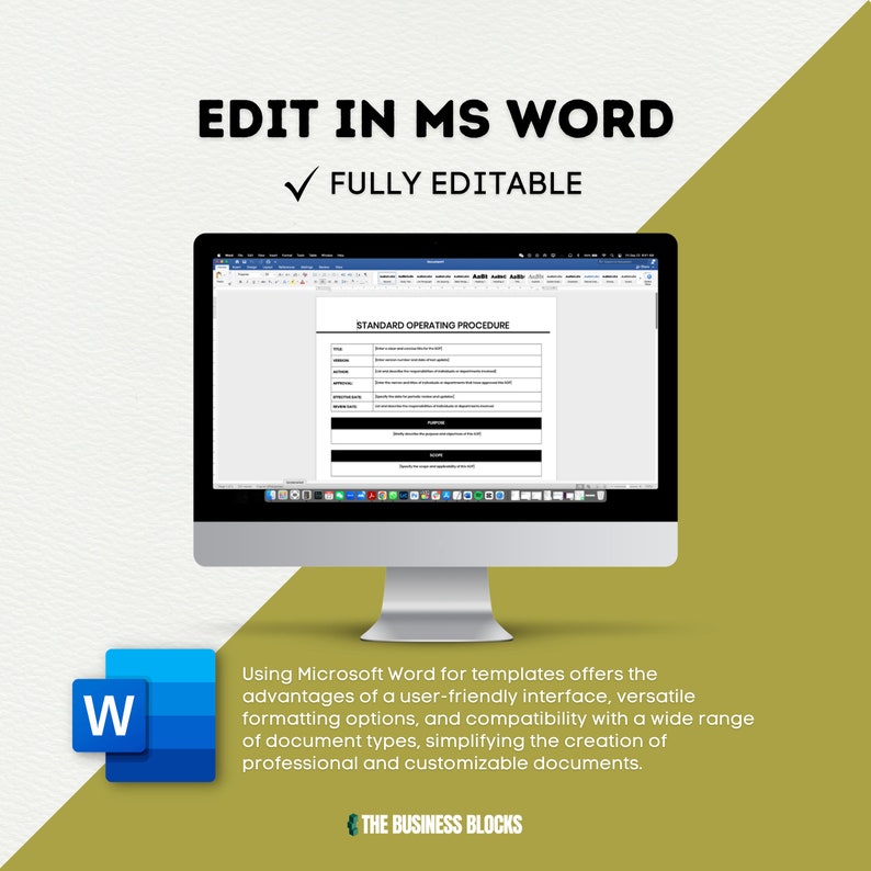 May include: A computer screen displaying a Microsoft Word document with a standard operating procedure template. The template is fully editable and includes sections for title, purpose, procedure, approvals, and review date. The text "EDIT IN MS WORD" and "FULLY EDITABLE" are displayed above the document.