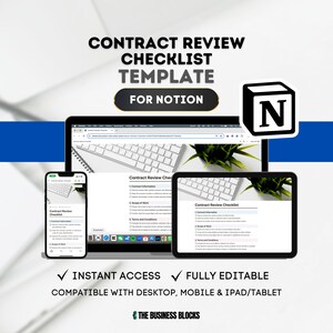 Può includere: Uno screenshot di uno schermo di computer che mostra un modello Notion per un elenco di controllo di revisione del contratto. Il modello è visualizzato su un laptop, un tablet e uno smartphone. Il modello include sezioni per le informazioni sul contratto, l'ambito di lavoro, i termini e le condizioni e altri dettagli importanti. Il modello è completamente modificabile ed è compatibile con dispositivi desktop, mobili e iPad/tablet.