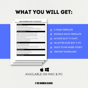 May include: A checklist for starting a small business. The checklist is divided into sections such as business planning, legal and administrative tasks, finances, location and equipment, and marketing and branding. The checklist is available in Google Docs and Microsoft Word formats. The checklist is available in A4 and US Letter sizes. The checklist is available for instant download.