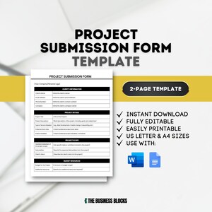 Puede incluir: Una plantilla de formulario de envío de proyecto en blanco y negro con una lista de verificación de funciones. La plantilla es para un documento de dos páginas y es totalmente editable. Se puede usar con Microsoft Word y Google Docs.